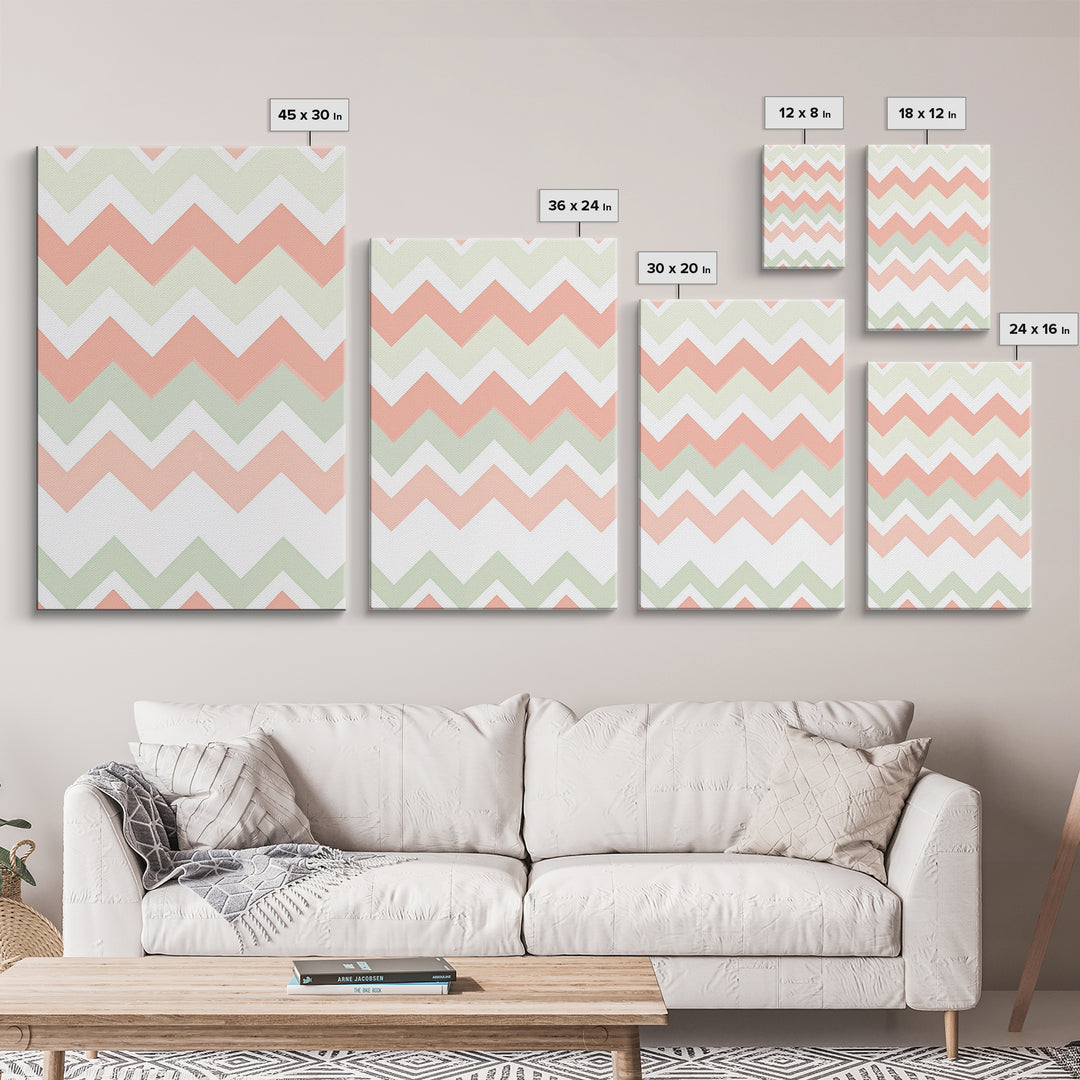 Pink and Mint Green Chevrons, MCM style Mid Century Modern Home Decor, Framed Canvas Print, Whimsical Wall Art