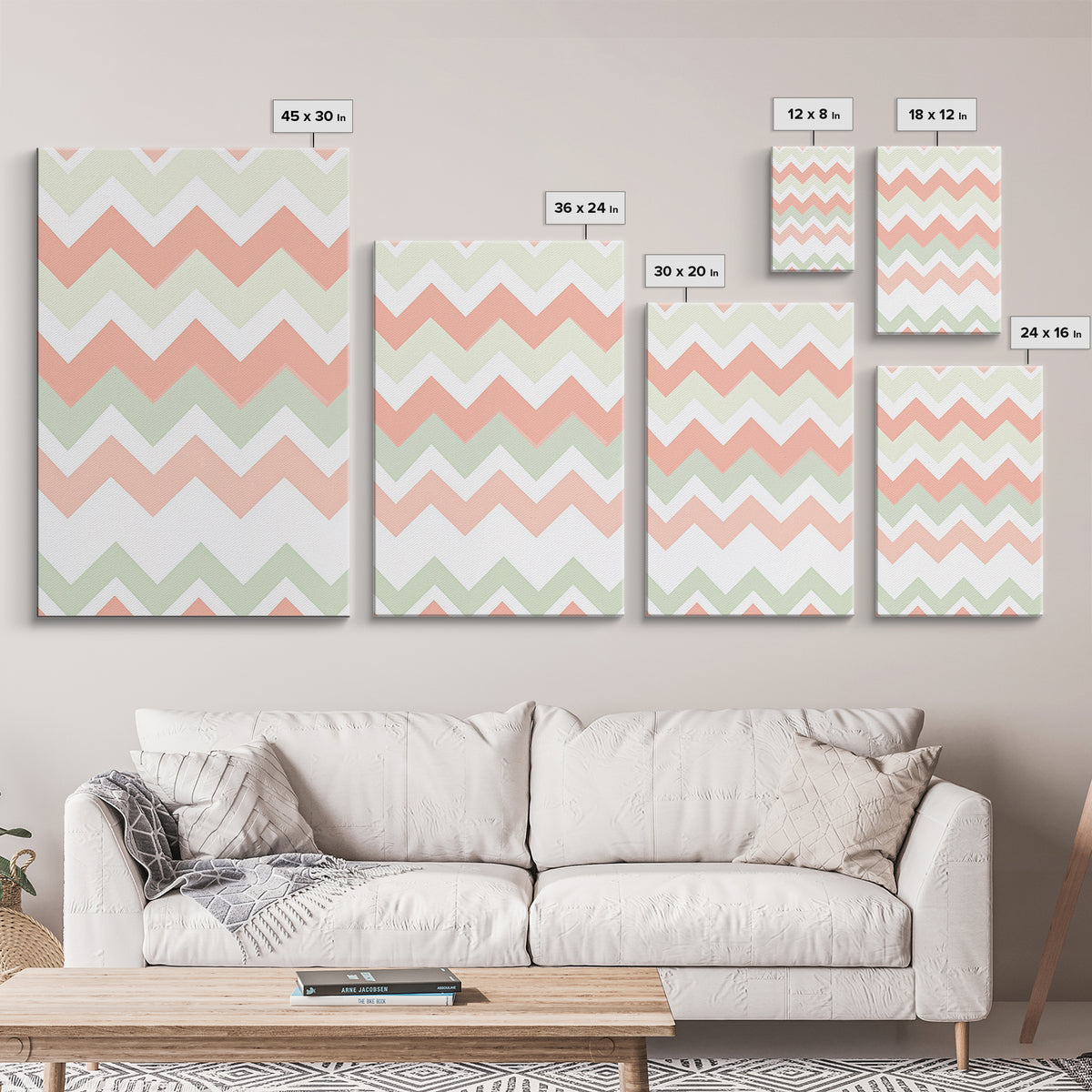 Pink and Mint Green Chevrons, MCM style Mid Century Modern Home Decor, Framed Canvas Print, Whimsical Wall Art