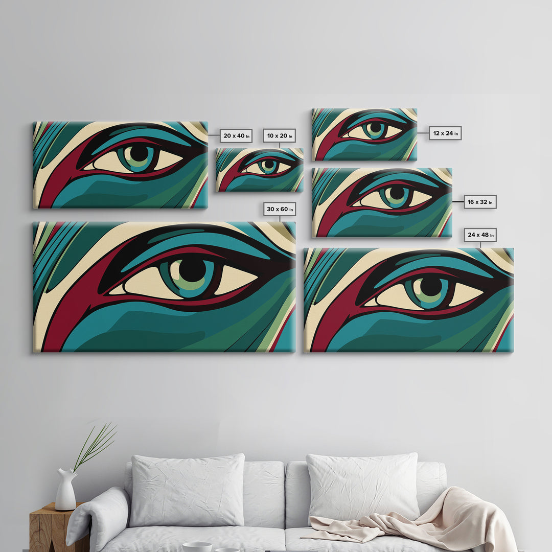 Abstract Painting of a Human Eye Framed Canvas Print, Retro Art Deco Style Art, Eclectic Decor, Kitsch Wall Art