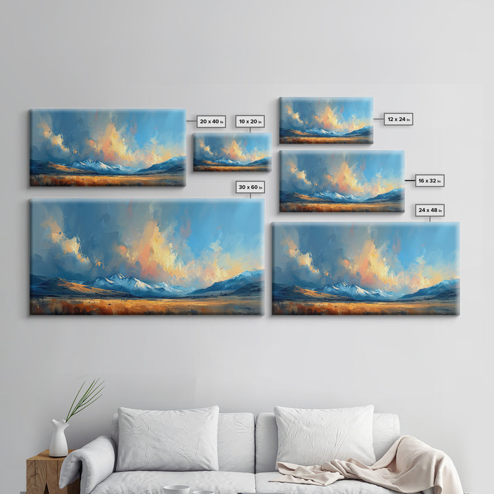 Panoramic Mountain Landscape Painting Print, Oil Painting Of Wyoming Mountains, Antique Style Art Print, Walnut Frame Art