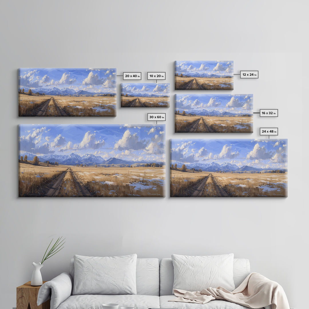 Dirt Roads of Wyoming Framed Canvas Print, Oil Painting Print, Panoramic Extra Wide Large Format Living Room Wall Decor