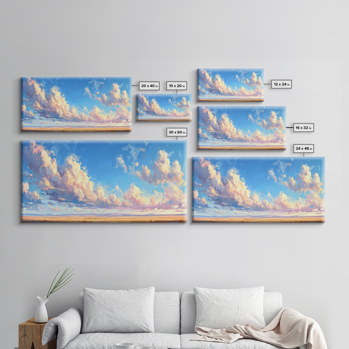 Panoramic Oil Painting Print of A Cloudy Sky Framed Canvas Print, Boho Minimalist Home Decor, Guest Room Wall Art