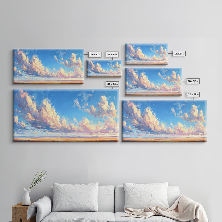 Panoramic Oil Painting Print of A Cloudy Sky Framed Canvas Print, Boho Minimalist Home Decor, Guest Room Wall Art