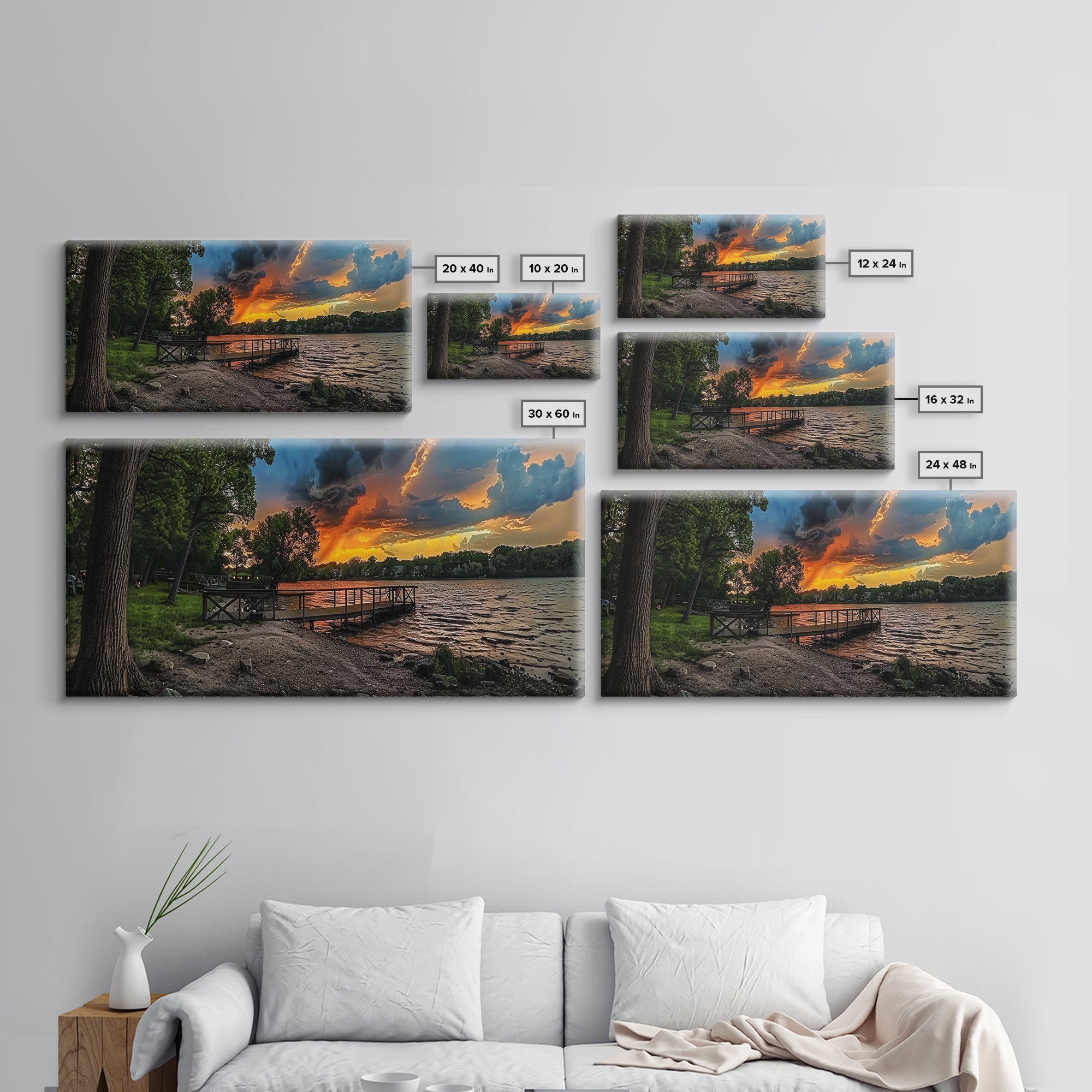 Sunset At The Lake Framed Canvas Print, Lakehouse Decor, Rustic Modern Farmhouse Wall Art, Photography Style Landscape Art