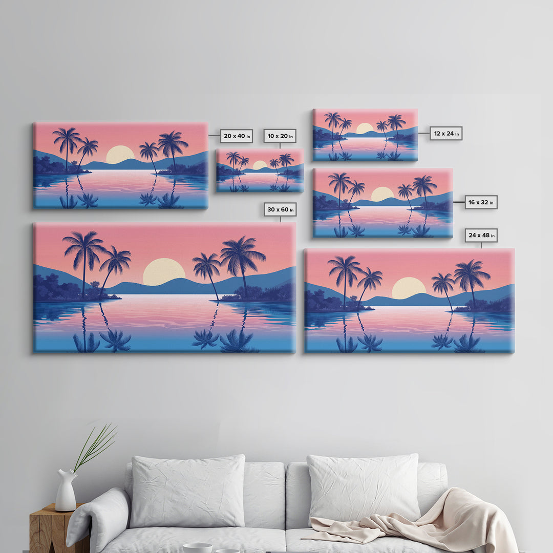 Abstract Vaporwave Sunset Over A Beach Landscape, Framed Canvas Print, Modern Art, Unique Wall Decor, Framed Canvas Art