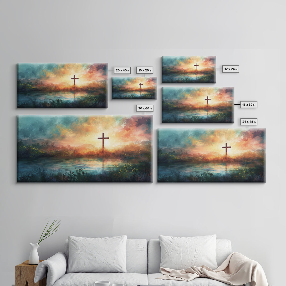 Christian Wall Art Landscape Painting Canvas Print, Beautiful Cross and Sunset, Christianity Home Decor