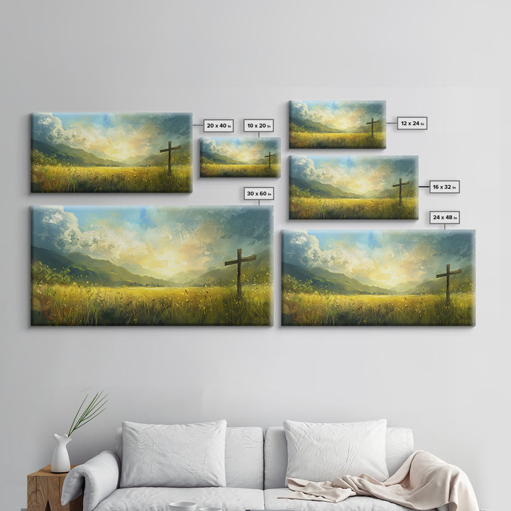 Cross In a Field Of Grass Framed Canvas Print, Christian Wall Art, Landscape Painting, Faith Decor, Cross Painting