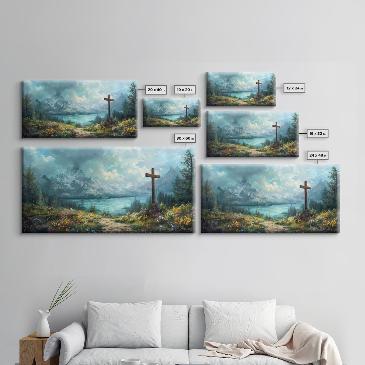 Cross In The Mountains Framed Canvas Print, Christian Faith Wall Art, Beautiful Landscape Painting
