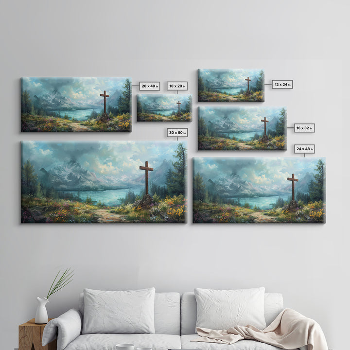 Cross In The Mountains Framed Canvas Print, Christian Faith Wall Art, Beautiful Landscape Painting