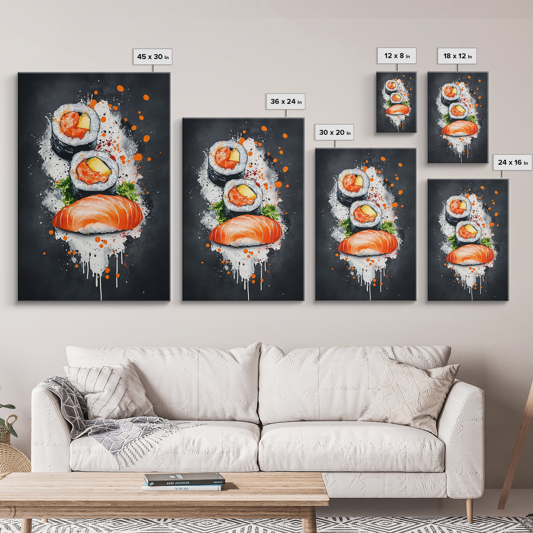 Abstract Oil Painting Canvas Print of Sushi on Black background, Food Review Kitchen Art, Kitchen Decor, Wabi Sabi Wall Art, Sushi Painting