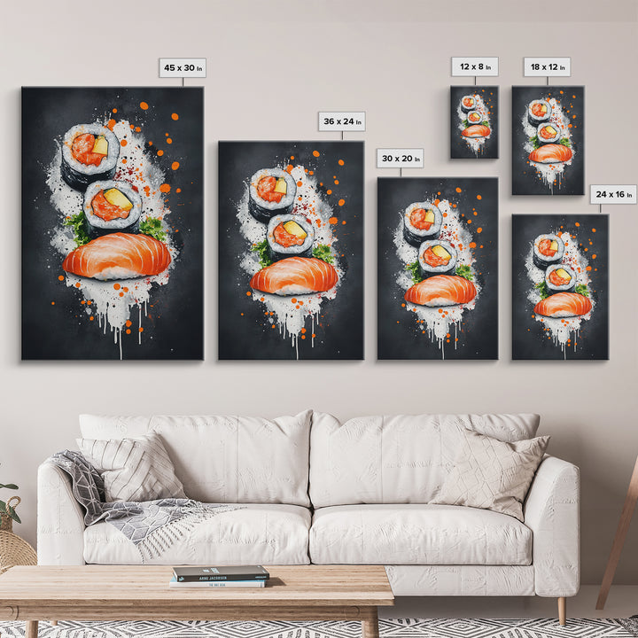 Abstract Oil Painting Canvas Print of Sushi on Black background, Food Review Kitchen Art, Kitchen Decor, Wabi Sabi Wall Art, Sushi Painting