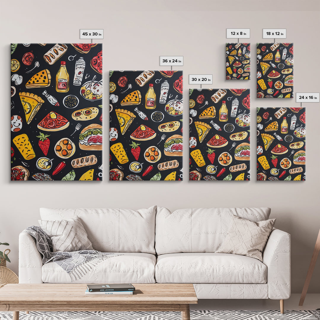 Cute Funky Kitchen Art, Kawaii Wall Art, Kawaii Decor, Restaurant Decor, Kitchen Painting, Dining Room Wall Art, Pizza, Hot Dogs Etc