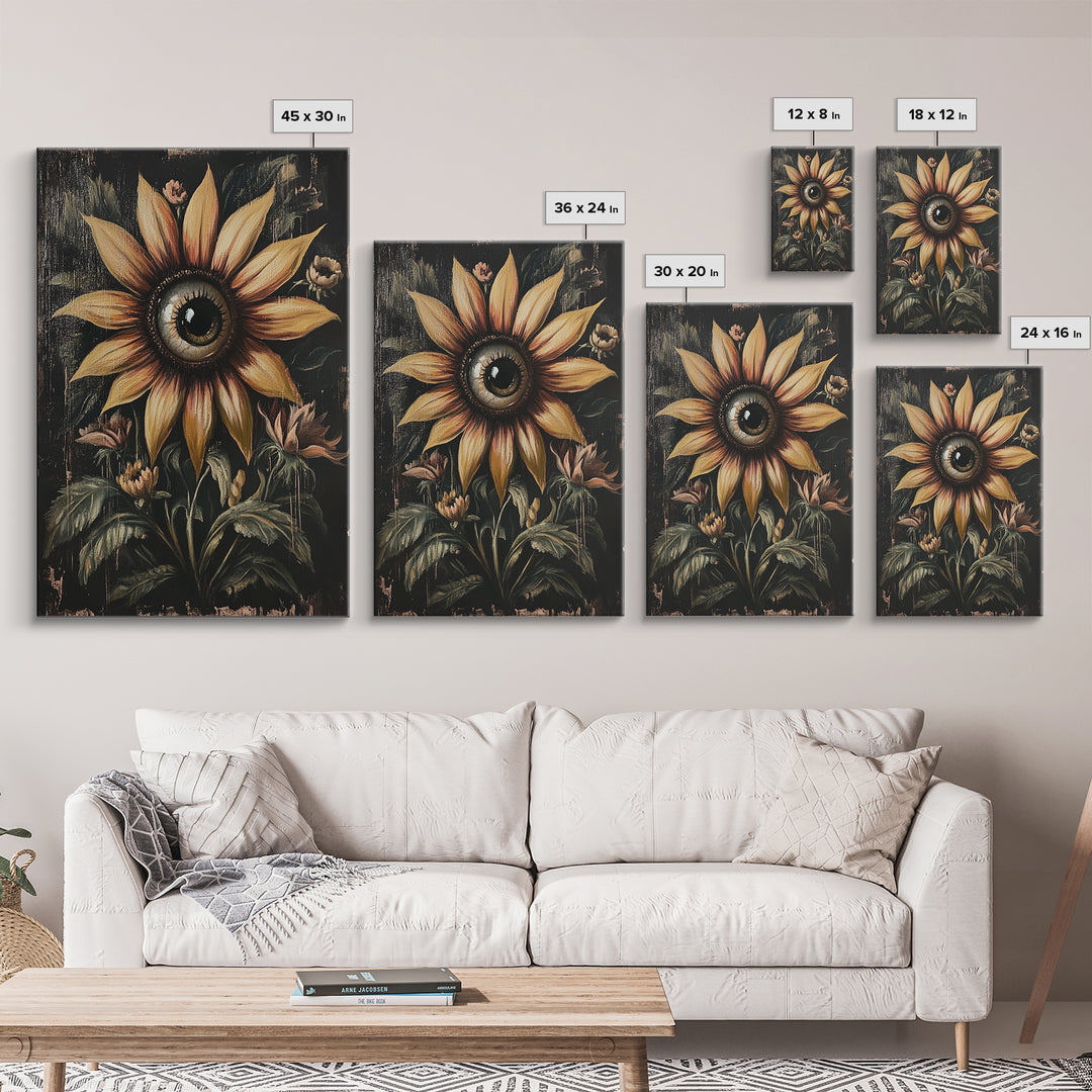 Cyclops Sunflower Framed Canvas Print - Spooky Home Decor - Halloween Wall Art - Dark Academia Macabre Wall Art Goth Botanical Art