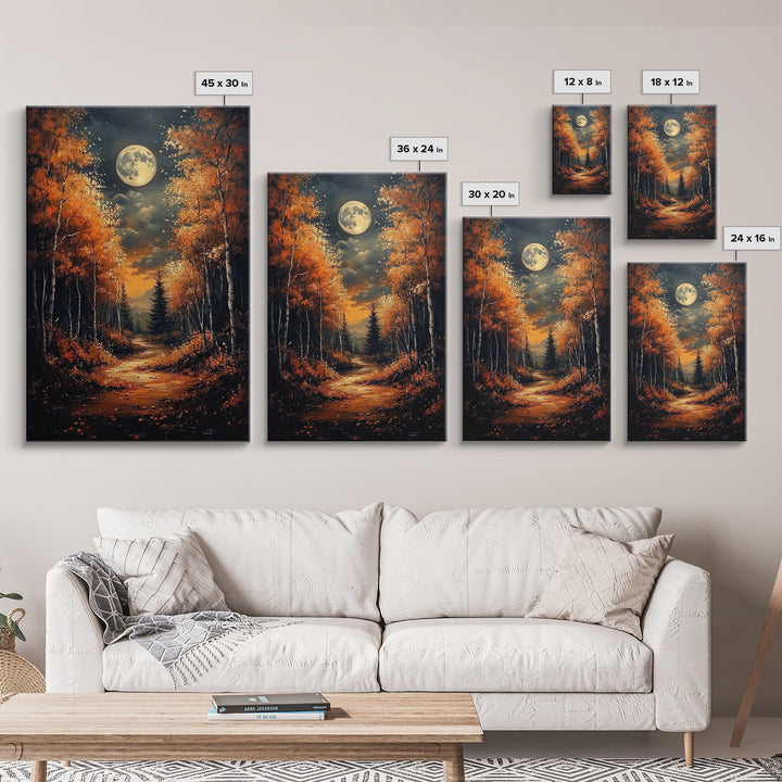 Full Moon Over a Haunted Forest, Framed Canvas Print, Wood Framed Wall Art, Dark Academia Witchy Decor