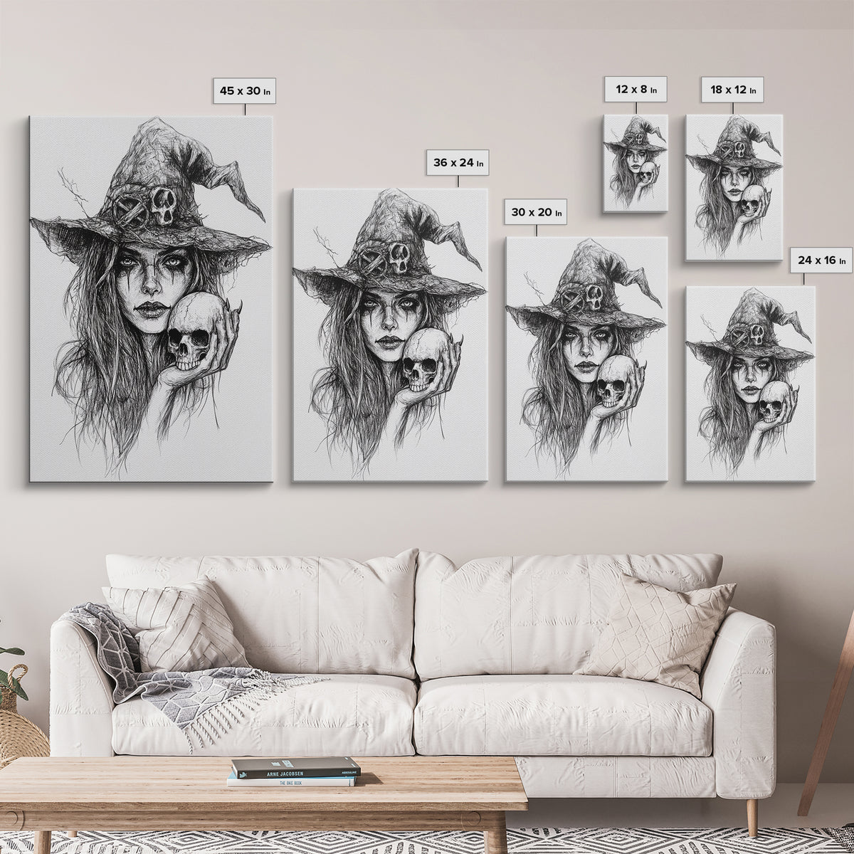 Charcoal Sketch Portrait Of a Witch Canvas Print, Dark Academia Wall Art, Moody Decor, Macabre Home Decor, Witchy Wall Art, Halloween Art