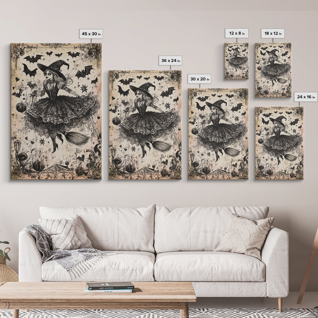 Spooky Season Halloween Witch, Witchy Decor Canvas Print, Black and White Witch Painting Print, Charcoal Sketch Of a Witch