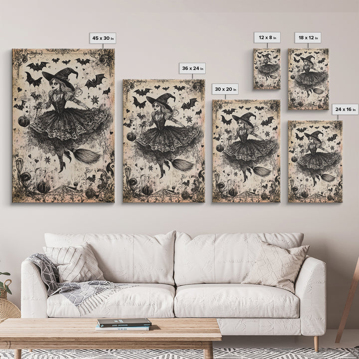 Spooky Season Halloween Witch, Witchy Decor Canvas Print, Black and White Witch Painting Print, Charcoal Sketch Of a Witch