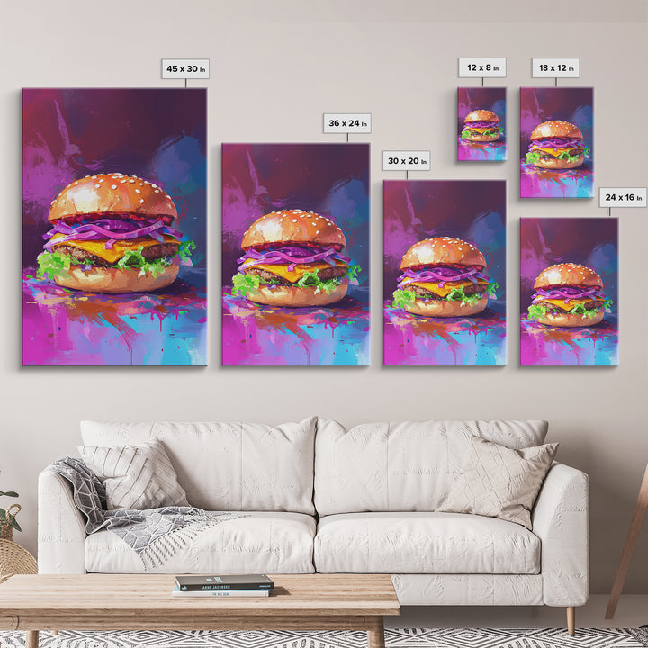 Cheeseburger Oil Painting Canvas Print, Hamburger Wall Art, Kitchen Painting, Kitchen Wall Art, Food Print, Restaurant Decor