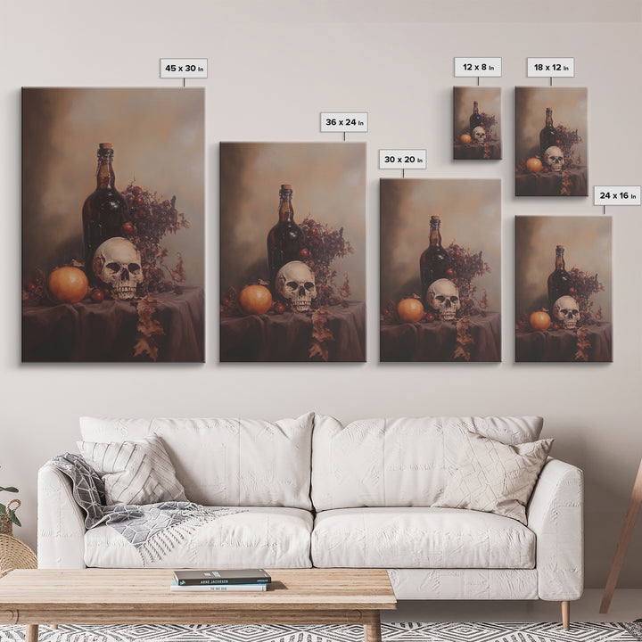 Still Life of a Skull and Wine Framed Canvas Print, Oil Painting Print, Gothic Decor, Dark Academia Macabre Halloween Wall Art, Witchy Decor