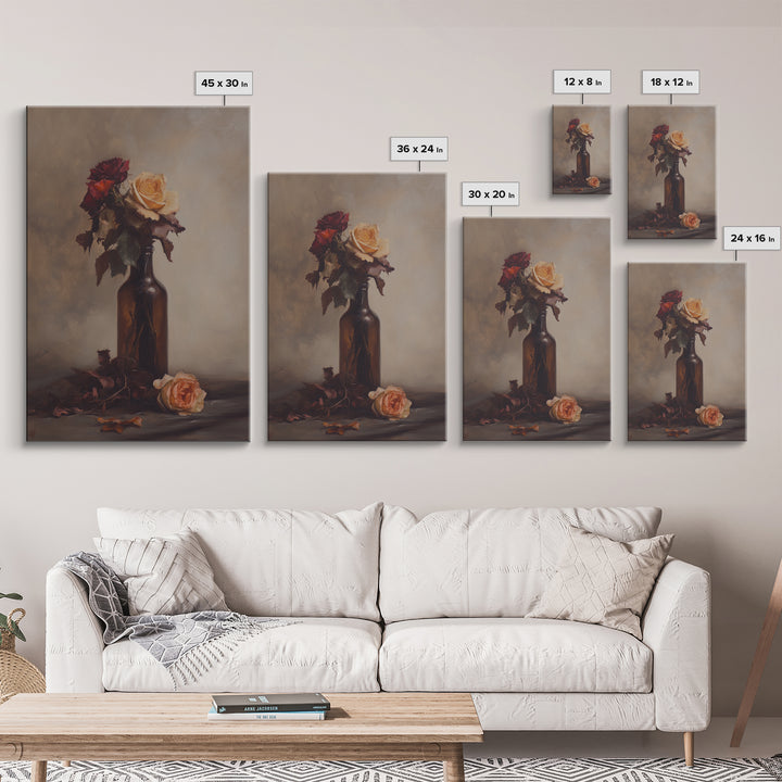 Roses in a Wine Bottle Oil Painting Print, Still Life of Roses, Rose Painting, Rose Art, Moody Decor, Subdued Art