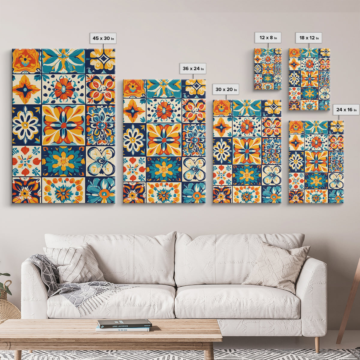 Textile Wall Art, Mexican Tile Canvas Print, Framed Wall Art, Mexicano Style Decor, Chicano Art, Textile Painting Wall Art