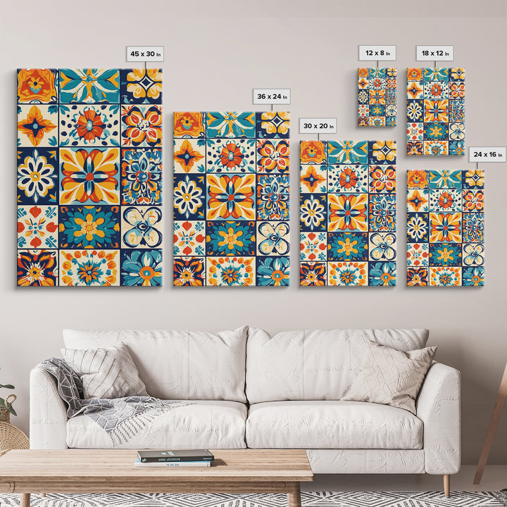 Textile Wall Art, Mexican Tile Canvas Print, Framed Wall Art, Mexicano Style Decor, Chicano Art, Textile Painting Wall Art