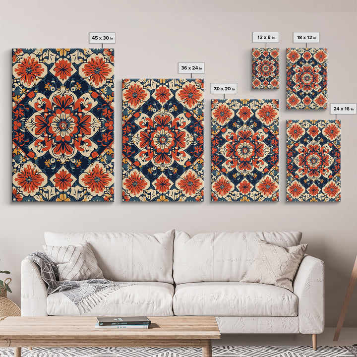 Floral Pattern Wall Art, Mexican Tile Pattern Framed Canvas Print, Chicano Art, Textile Inspired Wall Art, Southwestern Pueblo Style Art