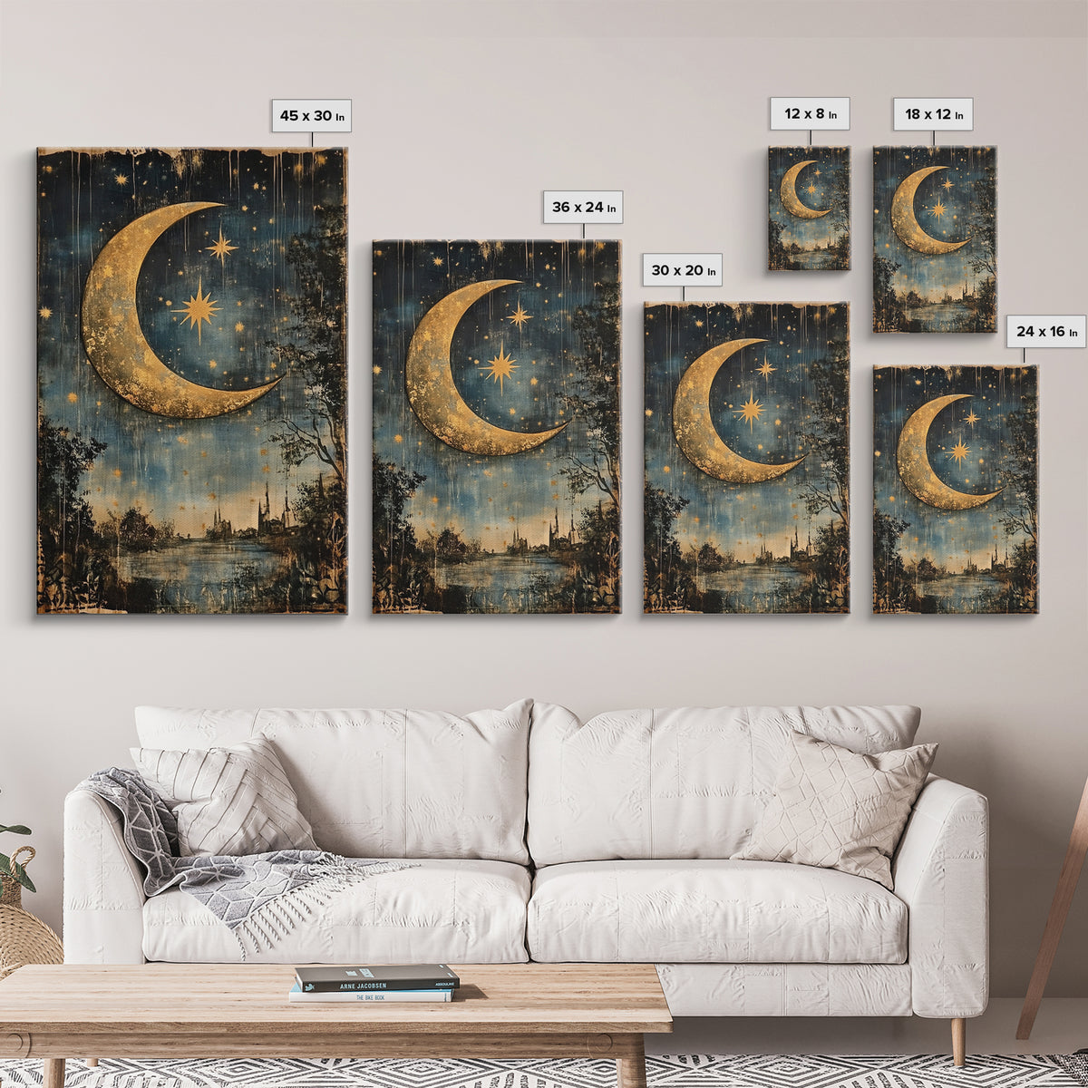 Crescent Moon in Starry Night Sky, Folk Art Framed Canvas Print, Boho Eclectic Decor, Minimalist Witchy Wall Art, Moody Decor