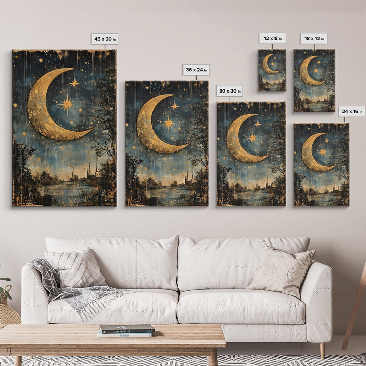 Crescent Moon in Starry Night Sky, Folk Art Framed Canvas Print, Boho Eclectic Decor, Minimalist Witchy Wall Art, Moody Decor