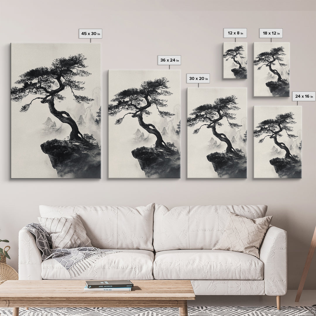 Bonzai Tree on a Cliff Wabi Sabi Painting Print, Wood Framed Wall Art, Bonzai Tree Art, Japanese Style Artwork