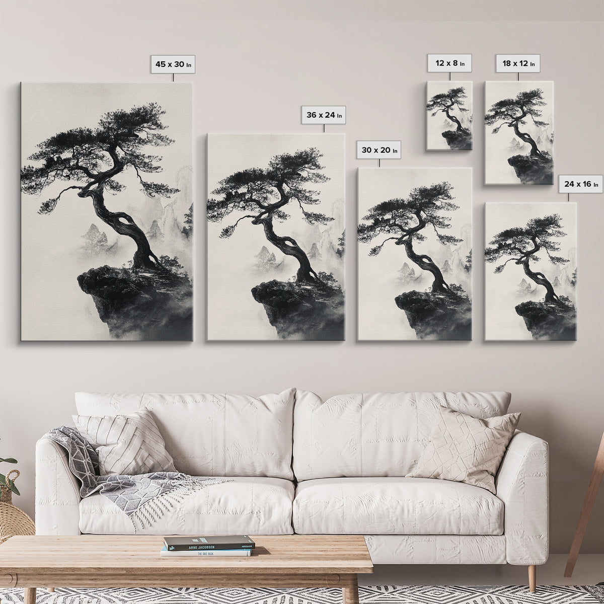 Bonzai Tree on a Cliff Wabi Sabi Painting Print, Wood Framed Wall Art, Bonzai Tree Art, Japanese Style Artwork