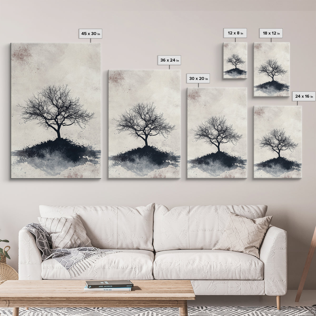 Black and White Charcoal Sketch Print of a Dead Tree, Framed Canvas Print, Wabi Sabi Art, Minimalist Wabi Sabi Home Decor