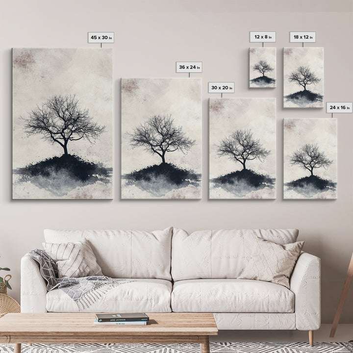 Black and White Charcoal Sketch Print of a Dead Tree, Framed Canvas Print, Wabi Sabi Art, Minimalist Wabi Sabi Home Decor