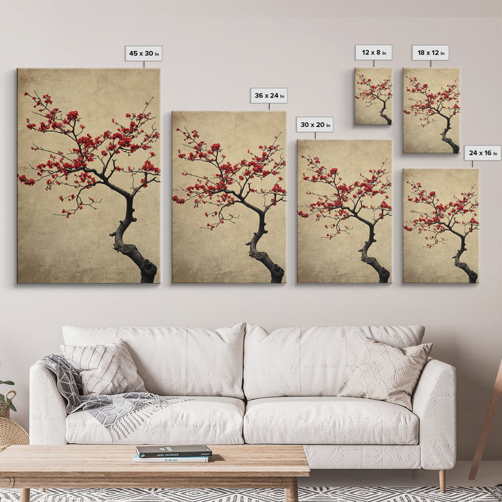 Japanese Maple Tree in Spring, Framed Canvas Print, Cherry Blossoms Painting, Wood Framed Living Room Art, Minimalist Decor