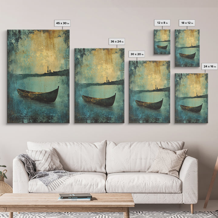 Canoe on the Lake Framed Canvas Print, Nautical Decor, Lakehouse Art, Abstract Lakehouse Painting, Lake Decor