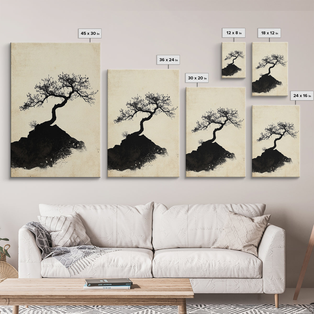Black and White Charcoal Sketch Print of a Bonzai Tree, Framed Canvas Print, Wabi Sabi Art, Wabi Sabi Painting, Minimalist Home Decor