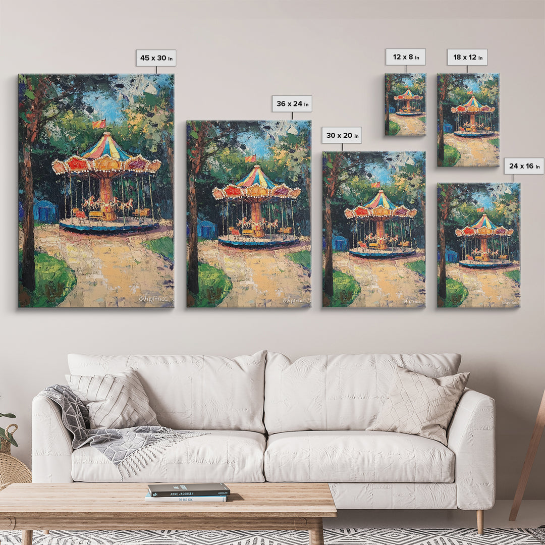 Carrousel Wall Art Framed Canvas Print, Oil Painting Carrousel, Circus Decor, Nursery Decor, Kid's Room Wall Art