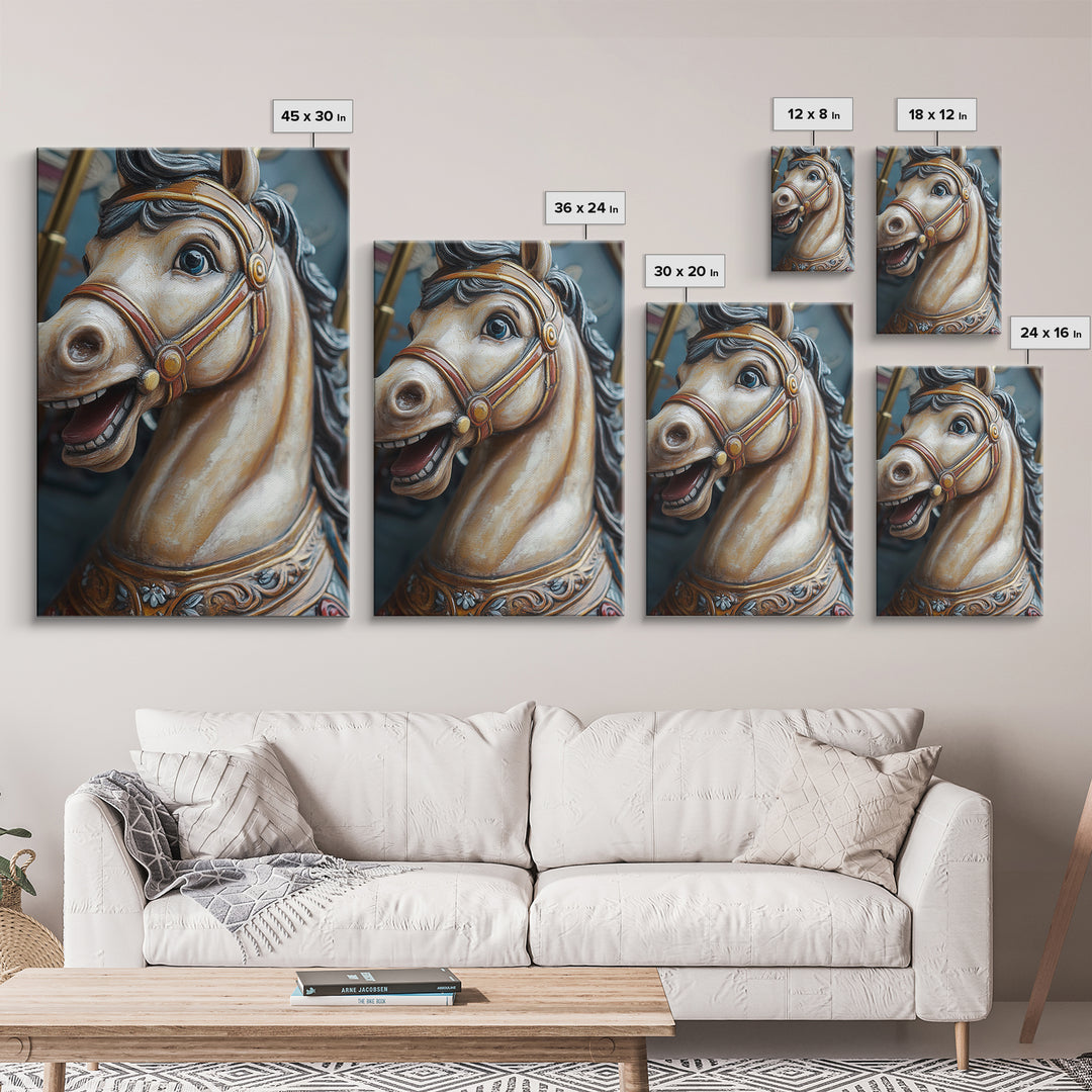 Creepy Carrousel Horse Framed Canvas Print, Nursery Decor, Wood Framed Wall Art Home Decor