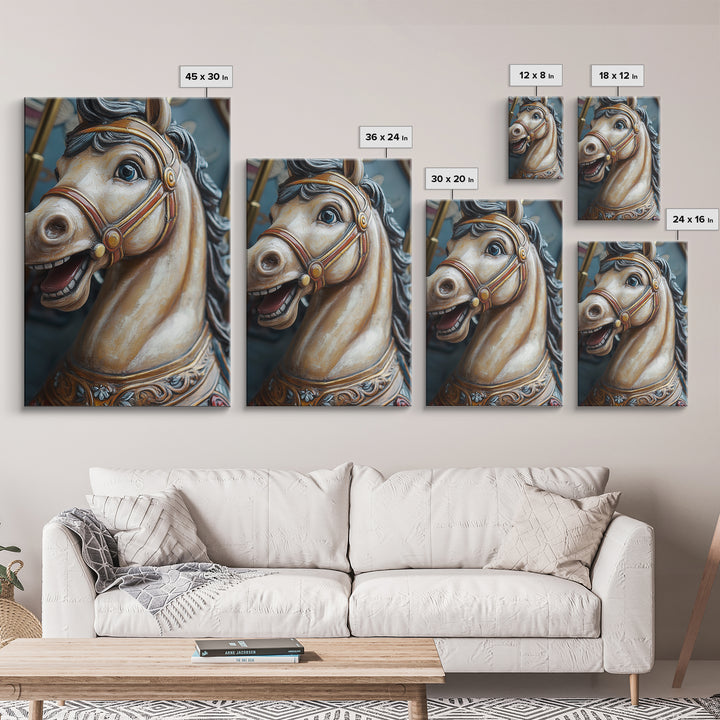 Creepy Carrousel Horse Framed Canvas Print, Nursery Decor, Wood Framed Wall Art Home Decor