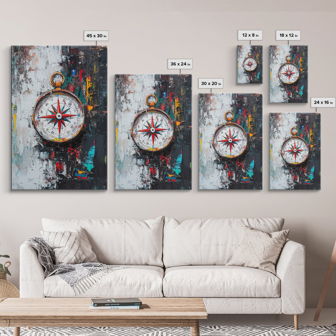 Compass Wall Art Framed Canvas Print, Travel Decor, Vacation Gift, Travel Gift, Home Decor, Compass Painting, Nautical Nursery Decor