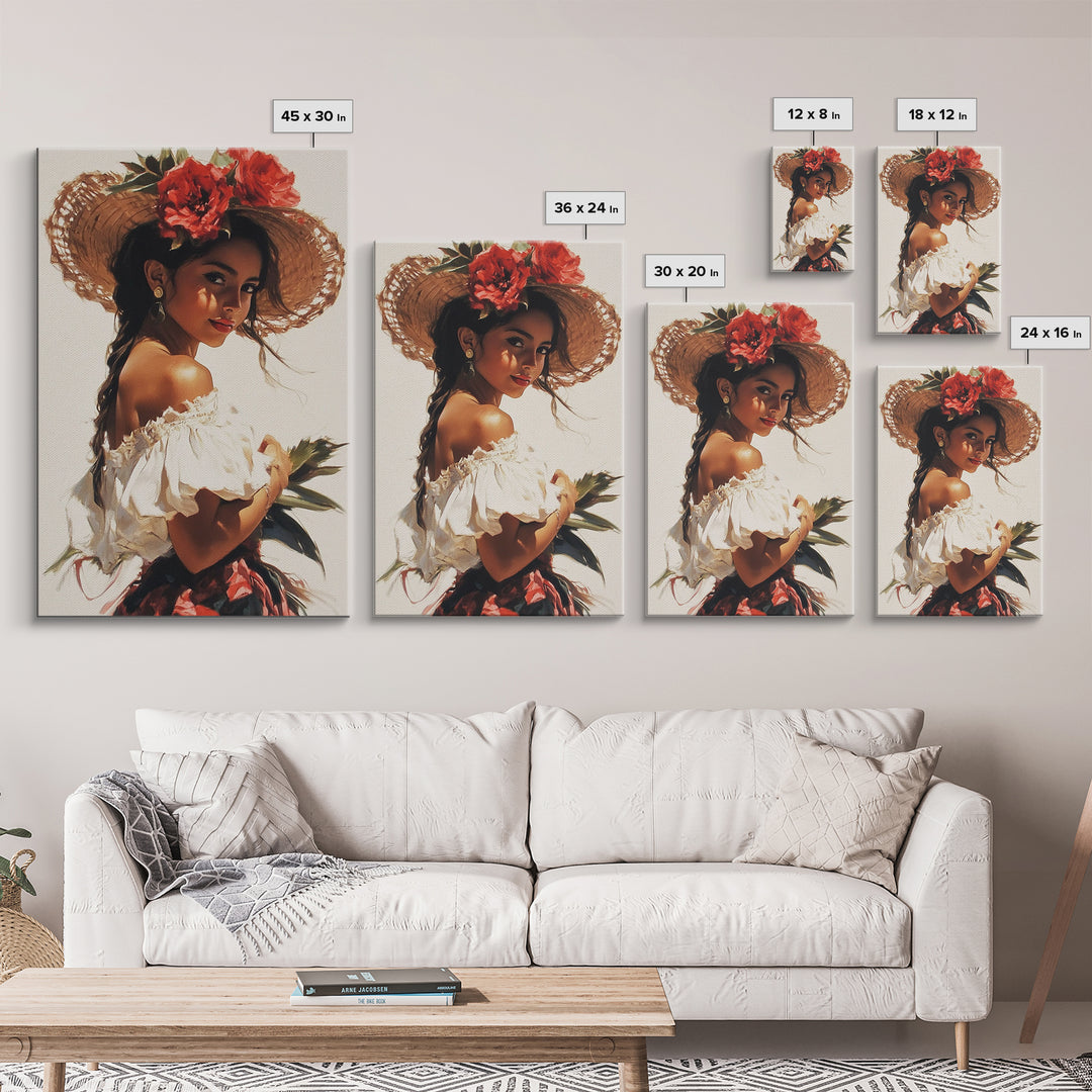 Portrait of a Latina Framed Canvas Print, Mariachi Home Decor, Chicano Painting, Southwestern Modern Art, Tejano Decor, Rustic Mexicano Art