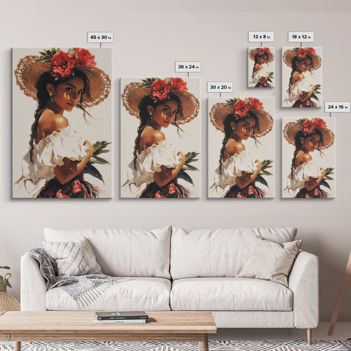 Portrait of a Latina Framed Canvas Print, Mariachi Home Decor, Chicano Painting, Southwestern Modern Art, Tejano Decor, Rustic Mexicano Art