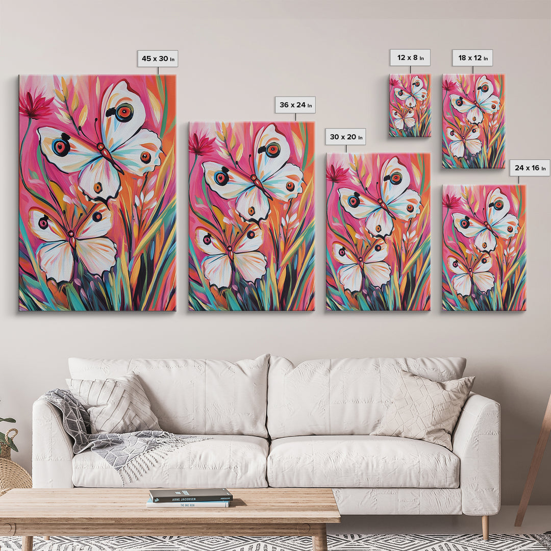 Abstract Painting Print of White Butterflies on Pink Background, Home Decor, Preppty Wall Art, Framed Canvas Print