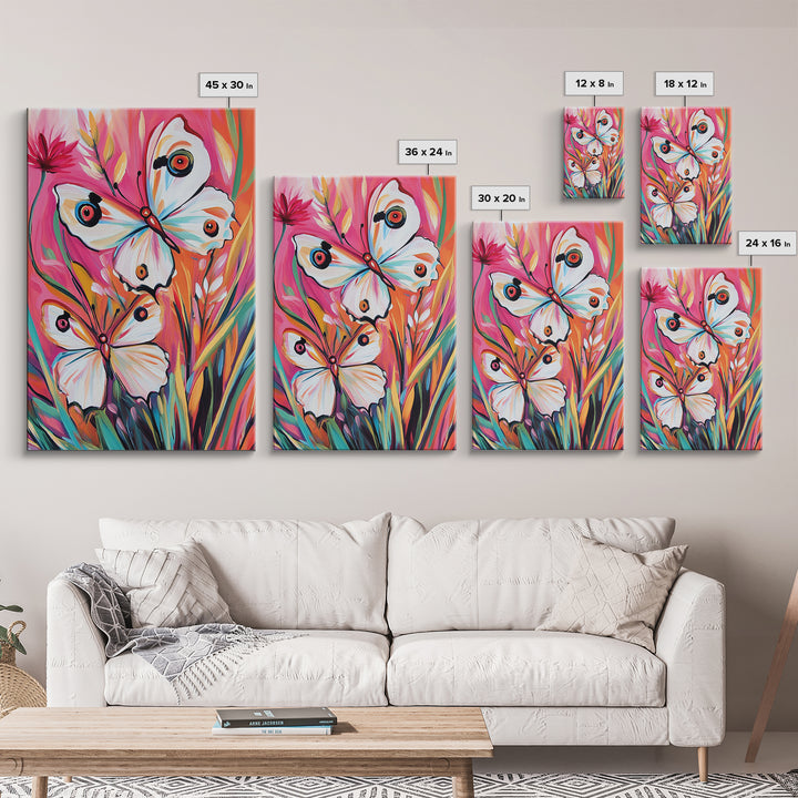 Abstract Painting Print of White Butterflies on Pink Background, Home Decor, Preppty Wall Art, Framed Canvas Print