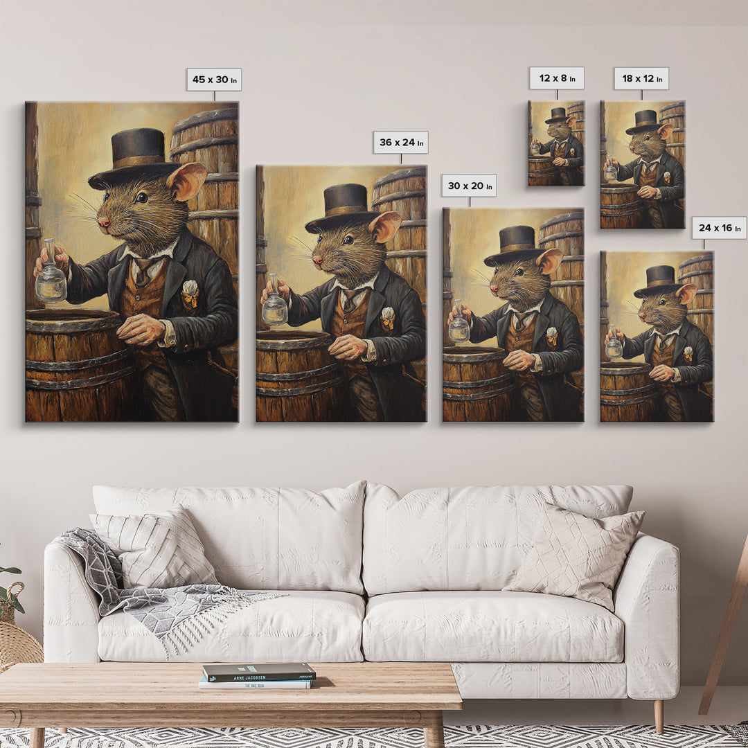 Rats with Jobs, Framed Canvas Print, Rat Painting, The Rat Whiskey Distiller, Cute Rat Home Decor