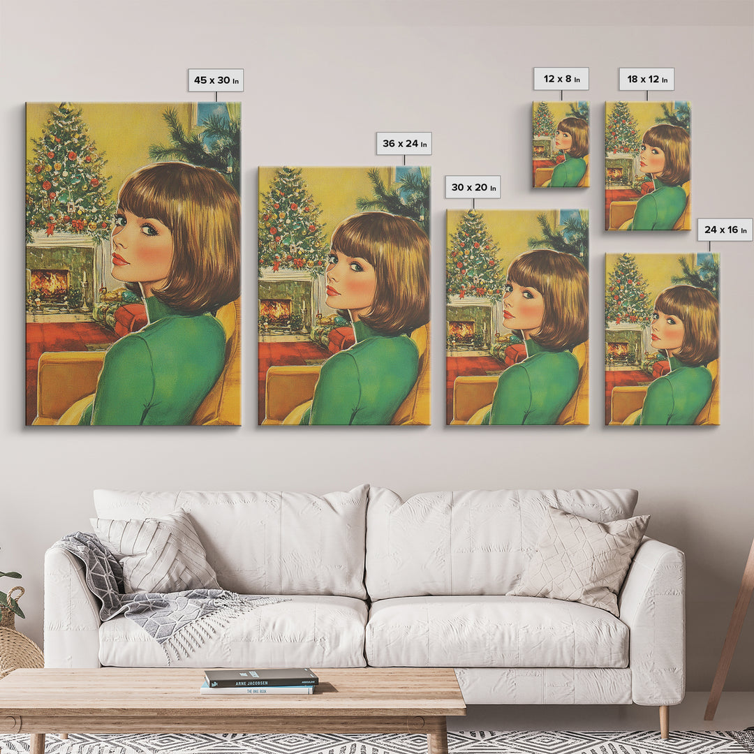 Christmas Postcard Style Art, Home Decor, Christmas Wall Art, Framed Canvas Print, 1950s Christmas Style Wall Art, Christmas Postcard Art