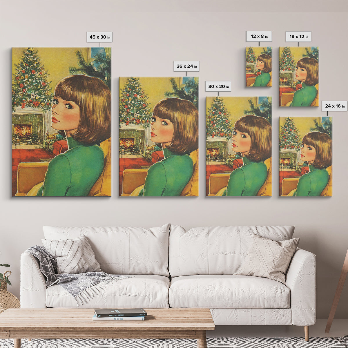 Christmas Postcard Style Art, Home Decor, Christmas Wall Art, Framed Canvas Print, 1950s Christmas Style Wall Art, Christmas Postcard Art