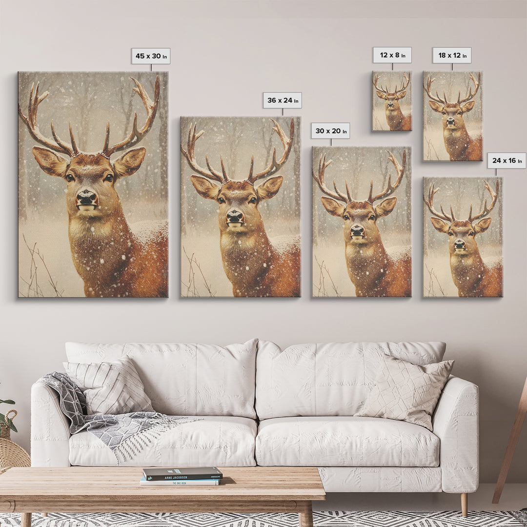 Portrait of a Deer in Winter, Framed Canvas print, Winter Decor, Winter Not Christmas Wall Art, Seasonal Decor