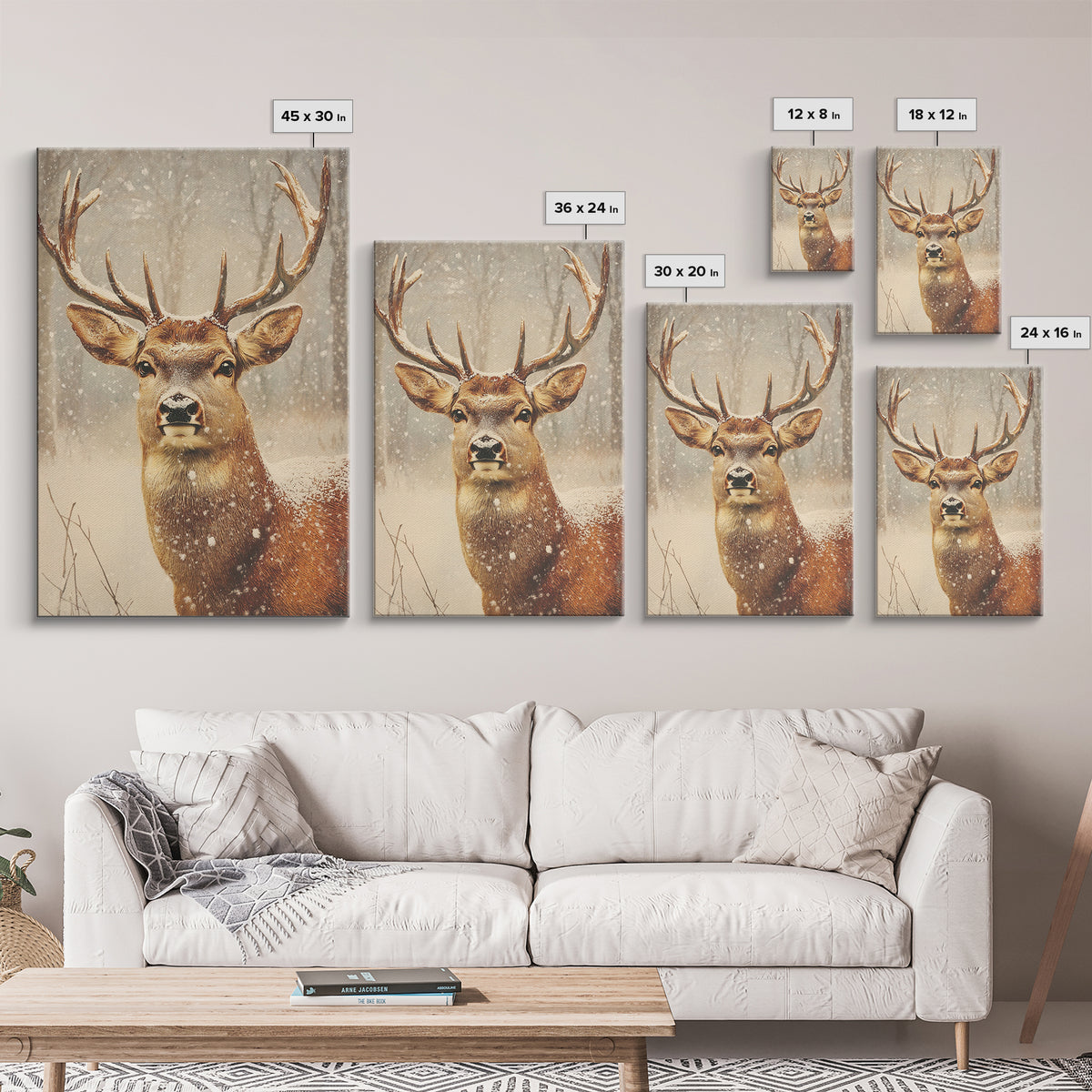 Portrait of a Deer in Winter, Framed Canvas print, Winter Decor, Winter Not Christmas Wall Art, Seasonal Decor