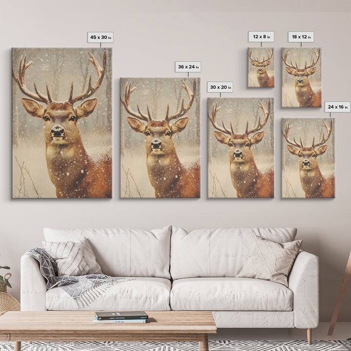 Portrait of a Deer in Winter, Framed Canvas print, Winter Decor, Winter Not Christmas Wall Art, Seasonal Decor
